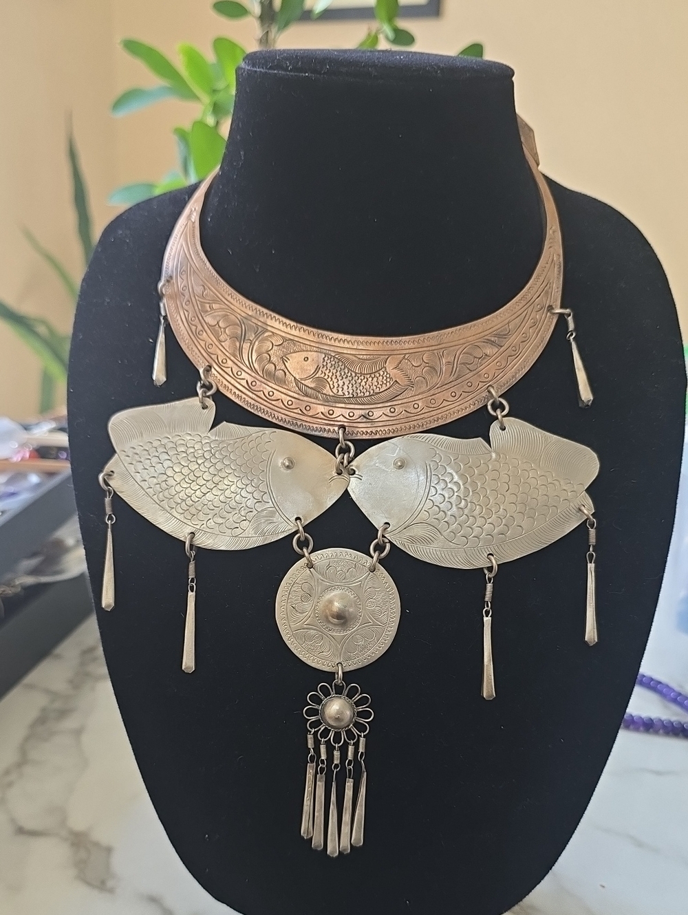 Artisan Silver-Tone Fish Motif Statement Necklace